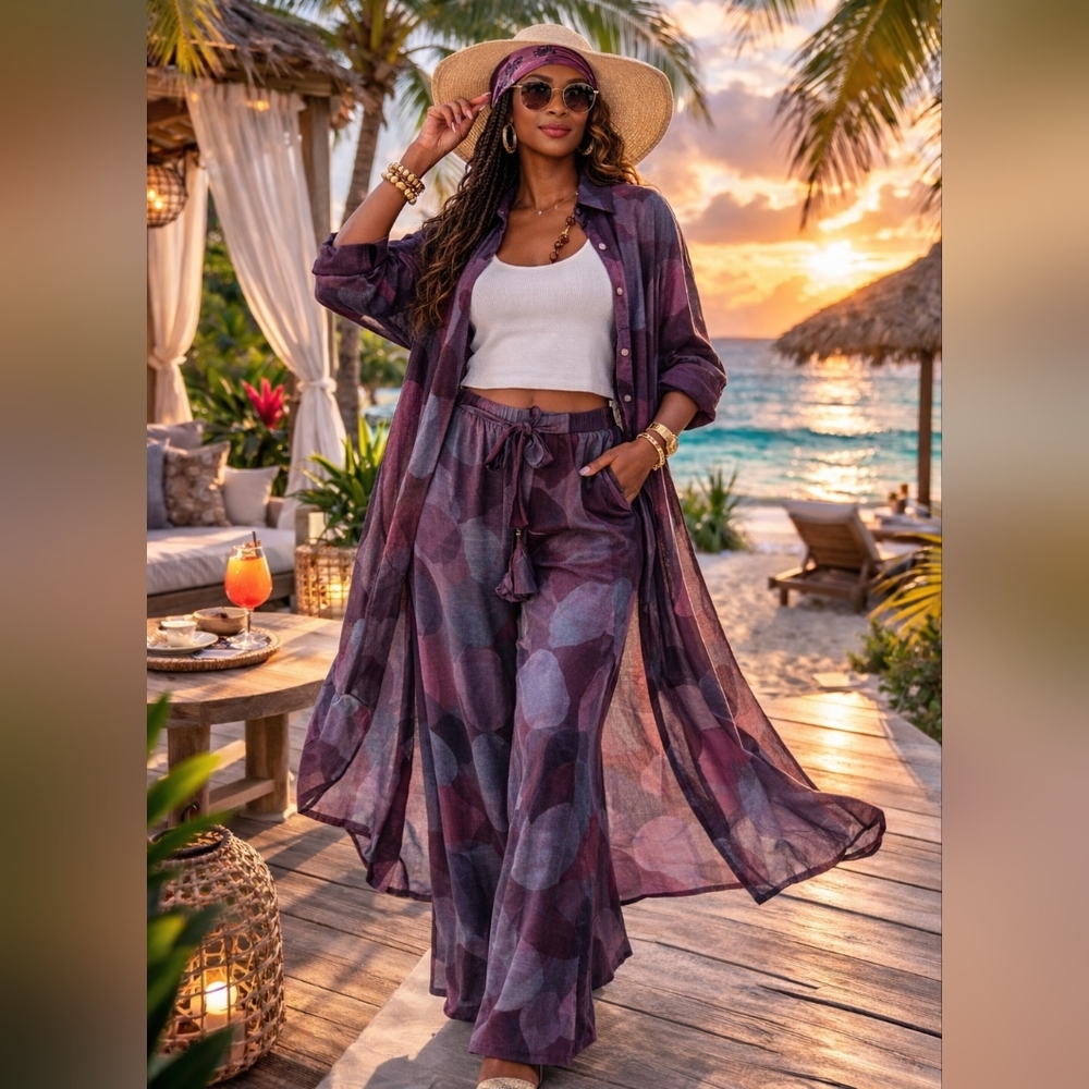 Elegant Resort Two-Piece Set – Oversized Shirt & Wide Leg Pants -NEW